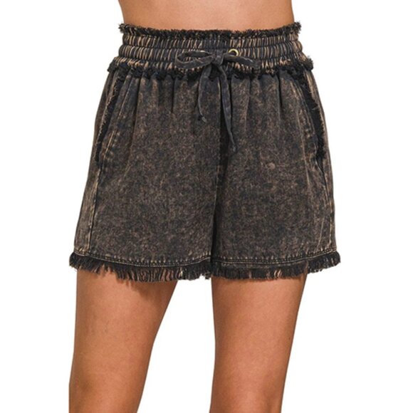 Zenana Outfitters Pants - Zenana Mineral Frayed Hem Washed Shorts distressed black size L